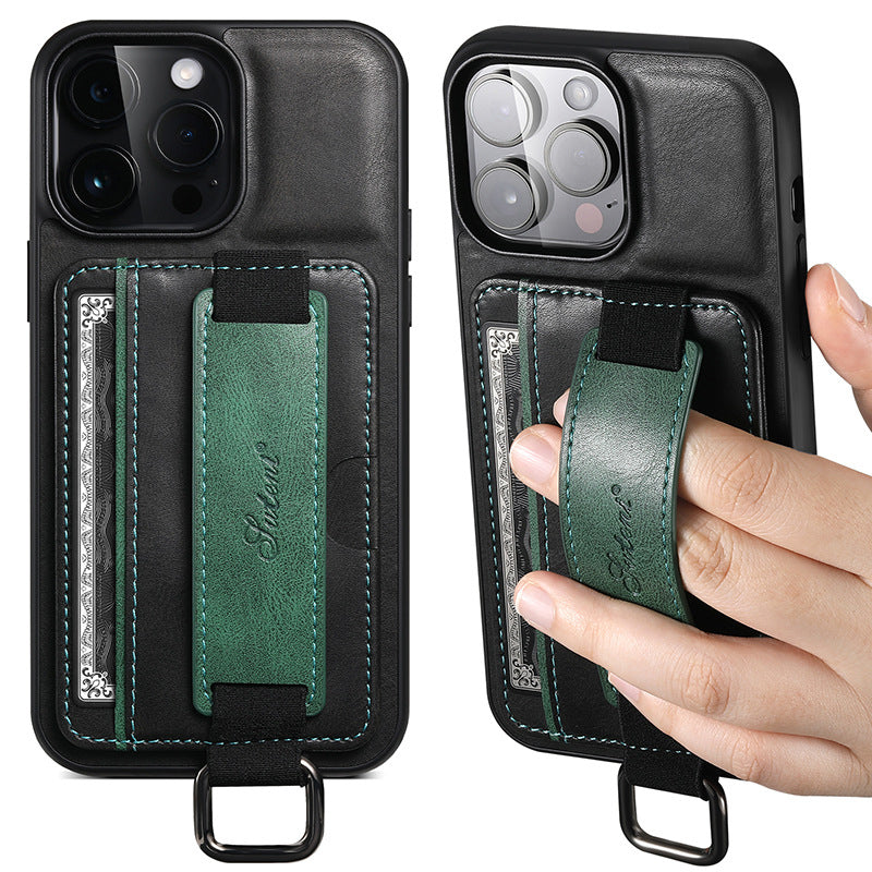 Suitable for Apple iPhone 15 ProMax card insertion phone case, wrist strap leather case KDS226